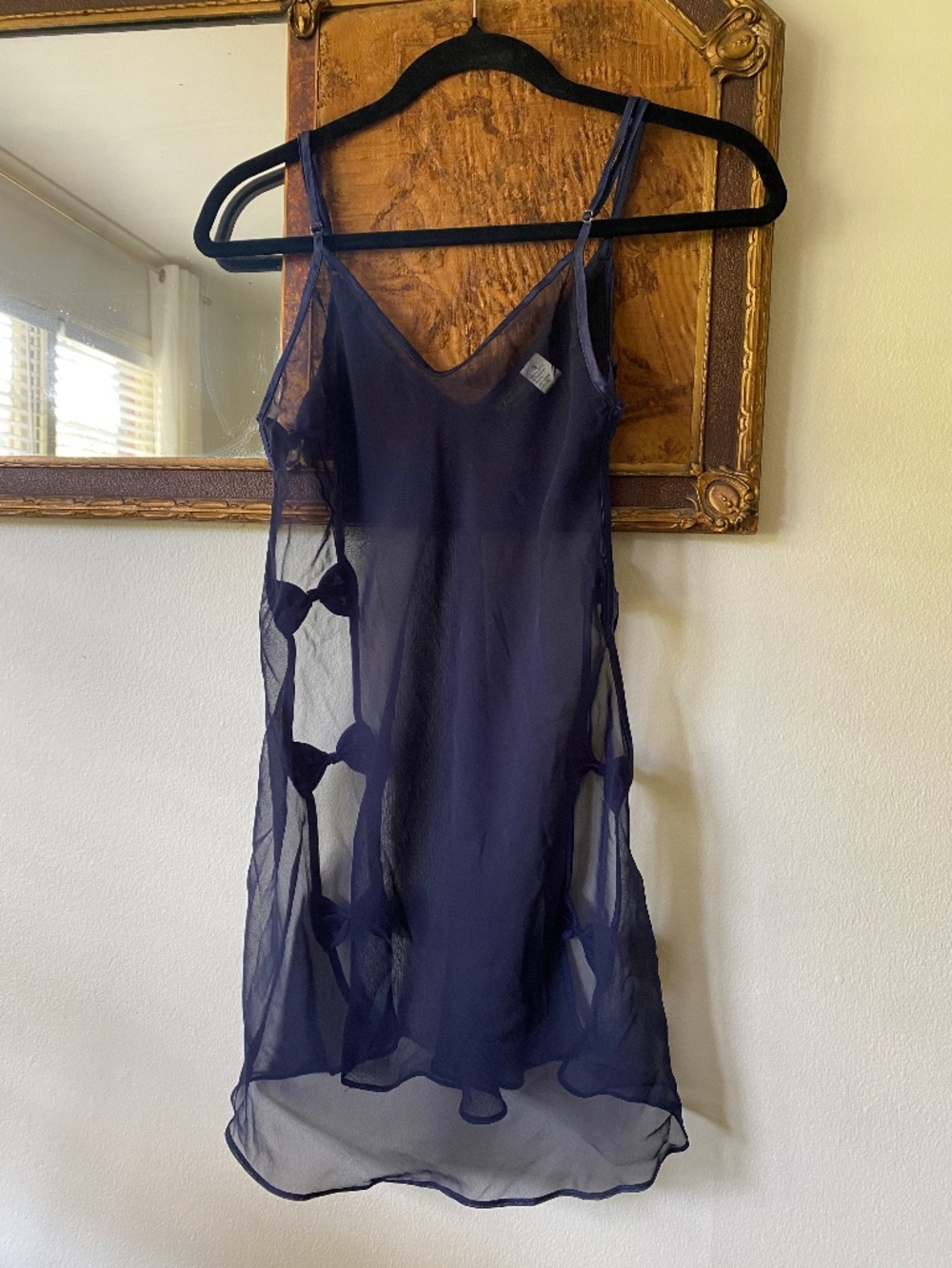 Fredericks of Hollywood Navy Blue Sheer Babydoll Bow Slip Small Coquette